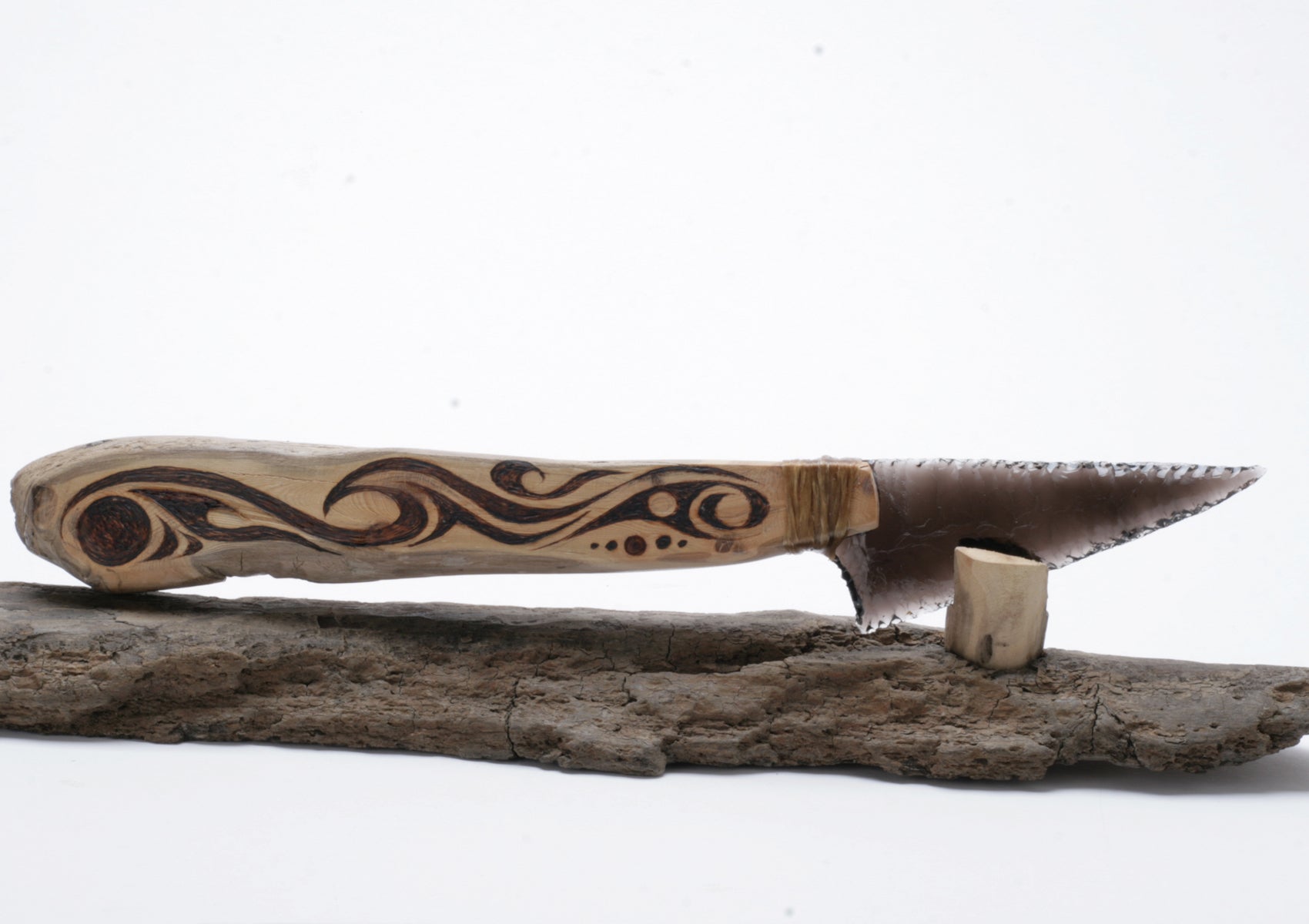 Translucent Obsidian Knife with Woodburned on Drift Wood