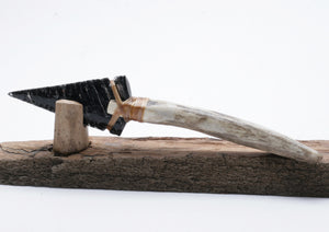 Black Hatched Obsidian Knife with Deer Antler Handle