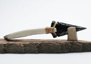 Black Hatched Obsidian Knife with Deer Antler Handle